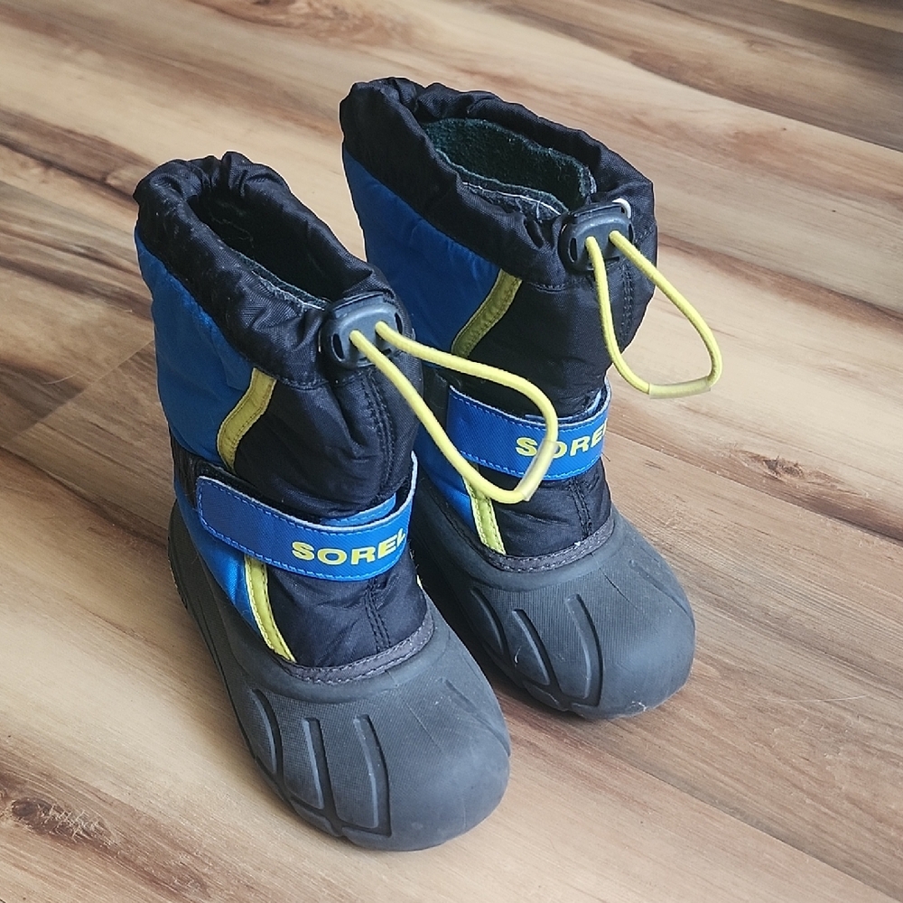 Sorel Kids' Black and Blue Snow Boots with Yellow Accents